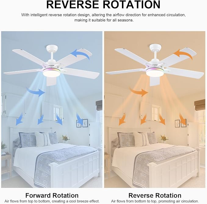Kviflon 52 Inch Ceiling Fans with Lights, Modern RGB Ceiling Fans, White Ceiling Fan with Light for Bedroom Living Room, Remote/APP Control, Reversible Quiet DC Motor, Dimmable LED, Wooden Blades
