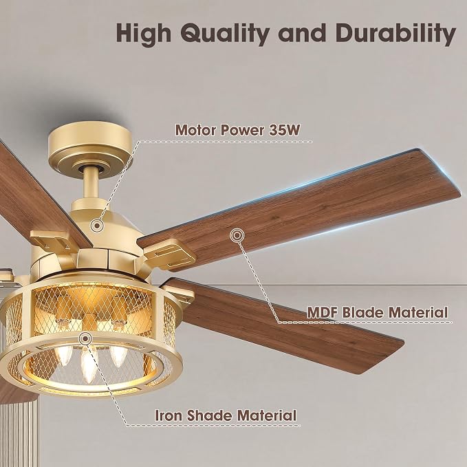 52 Inch Vintage Gold Ceiling Fans with Lights and Remote, 5 Dual Finish Blades, Quiet Reversible Motor, Farmhouse Ceiling Fan Light for Living Room & Bedroom