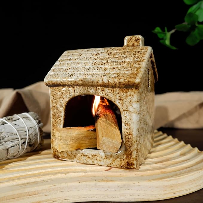 Mougigi Ceramic Brown House Palo Santo Burner Holder | Mini Chiminea Design for Sage & Incense Cones | Stable Base Smudge Bowl Dish | Perfect for Zen Altar, Meditation, Yoga Spaces, Home Decor & Gifts