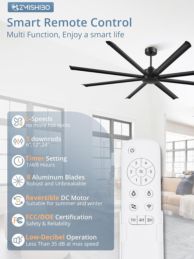 ZMISHIBO 96" Large Industrial Ceiling Fans No light with Aluminum 8 Blades, Commercial HVLS Ceiling Fan without Light,Quiet DC Motor,6 Speeds, Indoor Outdoor Ceiling Fan for Patio, Garage Shop,Black