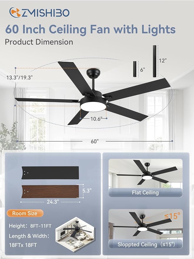 ZMISHIBO 60 Inch Ceiling Fans with Lights, Smart Remote/APP Control, Modern Ceiling Fan with 6 Speeds & 3CCT, Dimmable 30W LED, Quiet DC Motor, Noiseless for Living Room, Bedroom, Kitchen, Black