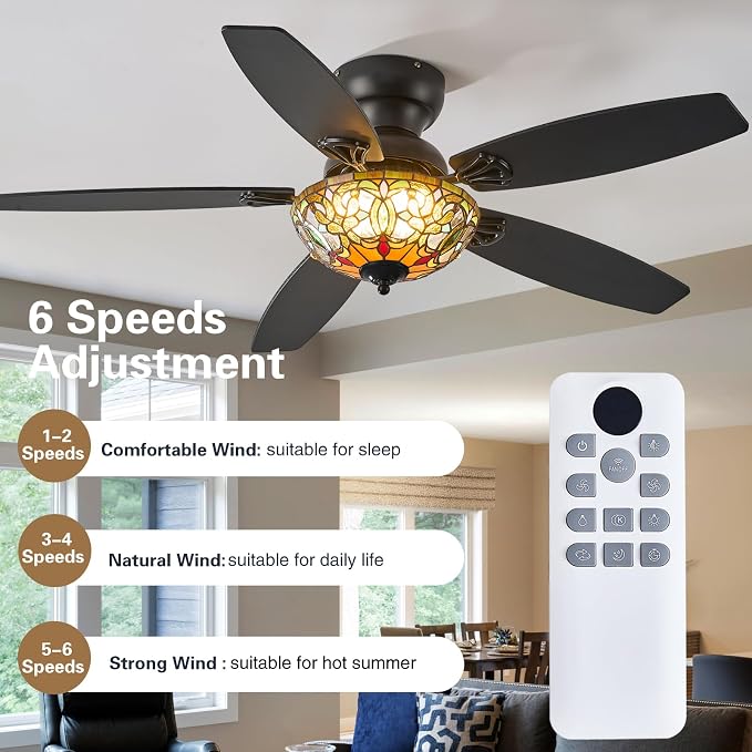 Tiffany Ceiling Fans with Lights - 48" Ceiling Fan Chandelier with 5 Dual-Blades and Glass Shade, 6 Speeds and Reversible, Indoor and Outdoor, Retro Style
