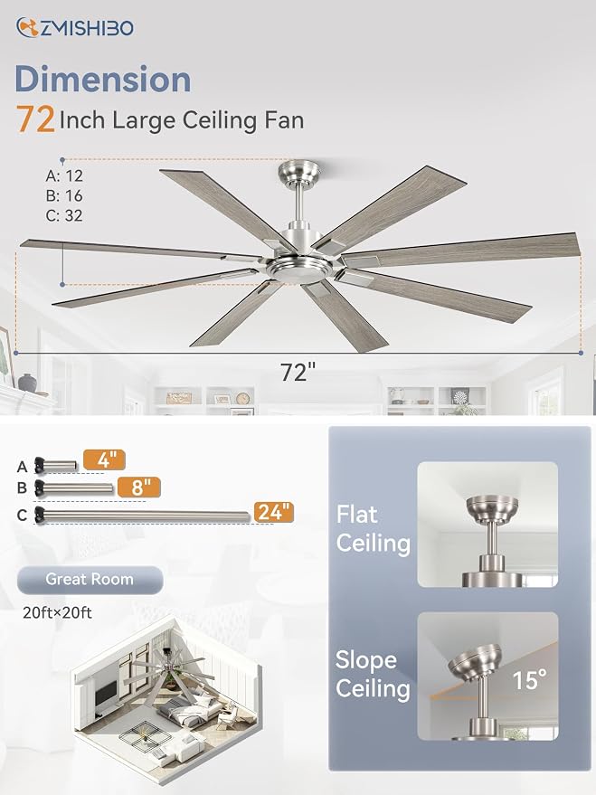 ZMISHIBO 72 Inch Ceiling Fan No Light with Remote Control, 8 Blades Quiet DC Reversible Motor, 6-Speed, Timer, Brushed Nickel Finish, Indoor Outdoor Ceiling Fans for Patios, Living Room, Garage