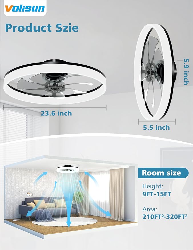 VOLISUN Low Profile Ceiling Fans with Lights and Remote, 24in Fandelier Ceiling Fan with Light, 3000K-6500K Dimmable Bladeless LED Fan Light, Black Flush Mount Ceiling Fans with Lights for Bedroom