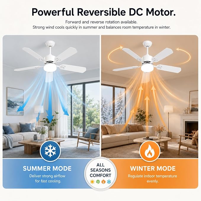 Ceiling Fans with Lights, 42 Inch Low Profile Ceiling Fan and Remote Control, Dual-Sided Blades, 6 Speed Fan, Dimmable Light Flush Mount Ceiling Fan for Bedroom Living Room, White