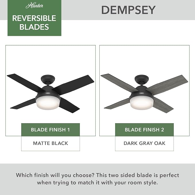 Hunter Dempsey, Indoor, Ceiling Fan, Modern, 4 Blades, 44 inch, Matte Black | with LED Light and Remote Control, Standard Mount, For Bedroom, Living Room, Kitchen, 52391