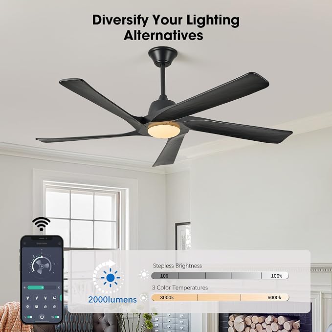 60 Inch Solid Wood Ceiling Fan with Light, Remote and APP Control, 3-color Dimmable, DC Motor, 6-speed Reversible, Farmhouse Ceiling Fans for Bedrooms, Outdoor Patios, Black