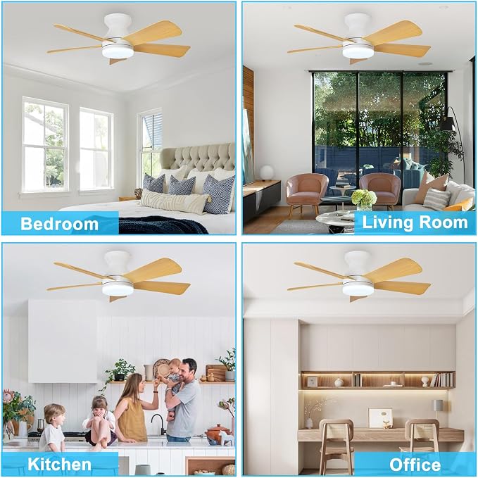 Depuley Modern Ceiling Fan with Light: 35-Inch White Small Fans for Bedroom Indoor Outdoor - Dimmable Low Profile Ceiling Fans with Remote Control Flush Mount 5 Reversible Wood Blades 6 Speeds Timer