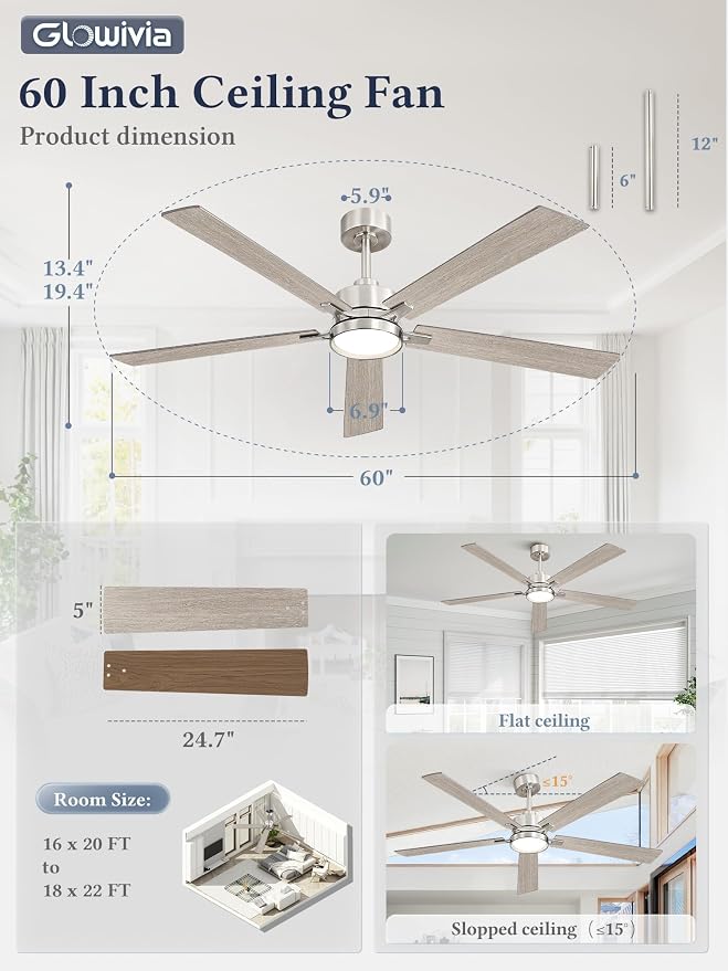 60 Inch Ceiling Fan with Lights and Remote, Smart APP Control, Dimmable with All-Setting Memory, Quiet DC Motor Reversible Blades, Damp Rated Modern Ceiling Fan for Bedroom Patio Living Room
