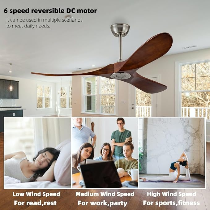 52'' Ceiling Fan Without Light, Remote Control, Wooden Modern Vintage Ceiling Fan for Indoor Outdoor, Bedroom, Dining Room, Terrace, Living Room, Farmhouse, Office (Brushed Nickel+Dark Walnut)