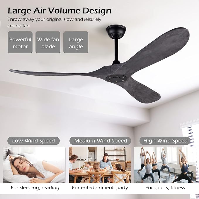 60 Inch Ceiling Fan without Light ，Wood Indoor Outdoor Ceiling Fans No Light for Patios Big Outside Farmhouse Ceiling Fan for Living Room Dining Room (Grey)