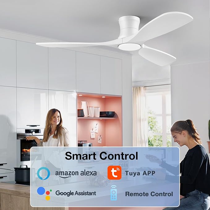 52” Smart Wood Ceiling Fans with Lights Remote,Low Profile Flush Mount Ceiling Fan with Alexa App Control,3 White Blades,Outdoor Indoor Use for Modern Bedroom Patio,Dimmable LED,6-speed,Quiet DC Motor