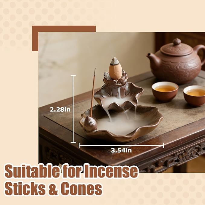 Waterfall Incense Burner, Lotus Backflow Incense Holder Ceramic Censer Cones Sticks Porcelain Holder for Home Décor, Meditation, Yoga, Spiritual Rituals (Brown)