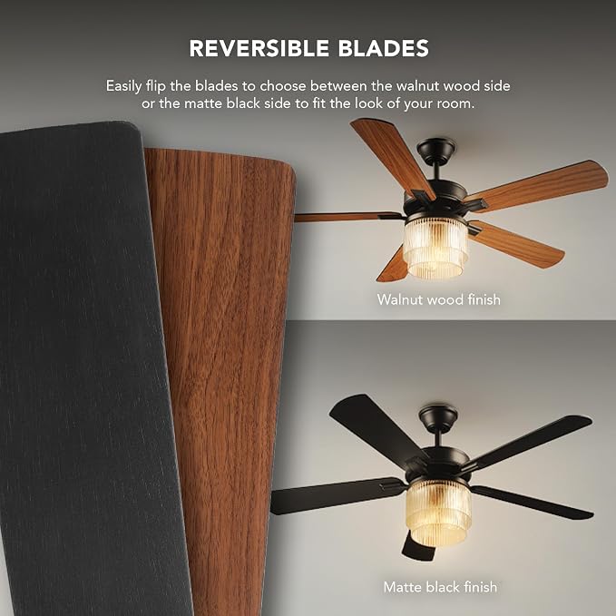 52" Matte Black 2-Light Indoor/Covered Outdoor Ceiling Fan with Glass Shade and Remote Control | WhisperQuiet DC Motor, 6 Speeds, Reversible Blades, Reversible Airflow, Remote Included, Bulbs Sold Separately