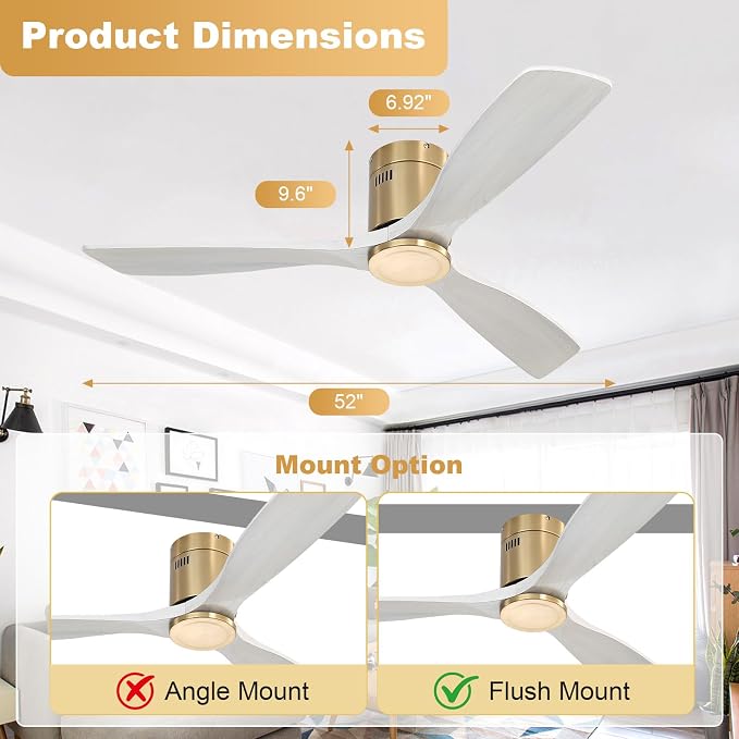 Sofucor 52 Inch Ceiling Fan No Light, Flush Mount Ceiling Fans with Remote, Solid Wood Indoor/Outdoor Ceiling Fans Without Lights, Reversiable DC Motor, Modern Ceiling Fan for Bedroom Farmhouse Patio
