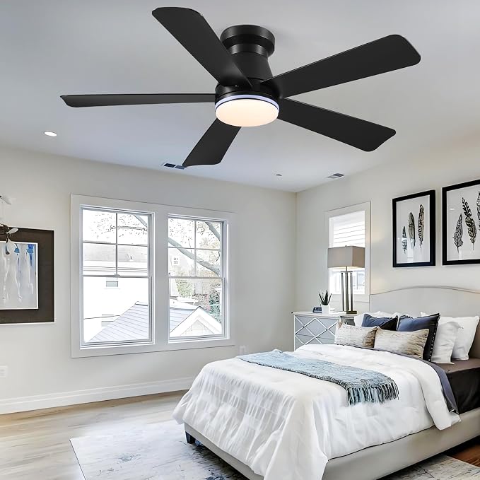 Hounberi 46 Inch Flush Mount Ceiling Fan with RGB Light and Remote, Modern Black Low Profile Ceiling Fan for Low Ceilings, 3CCT Dimmable LED, 6 Speeds Quiet Reversible Motor for Bedroom & Living Room