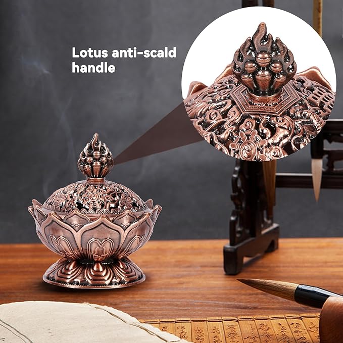 Vintage Backflow Incense Burner Bowl, Lotus Incense Holder Charcoal Ash Catcher Stick Cone Reel Incense for Powder Cone or Coil Incense (Red Bronze)