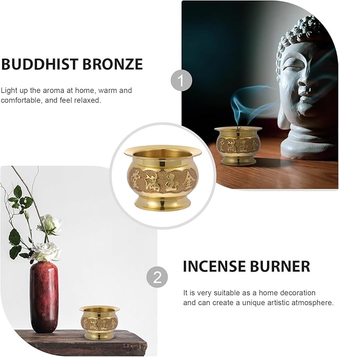 HEALLILY Retro Copper Incense Burner 3.93X3.93X2.67In Elegant Home Decor Buddhist Censer with Bowl Design for Relaxation and Meditation