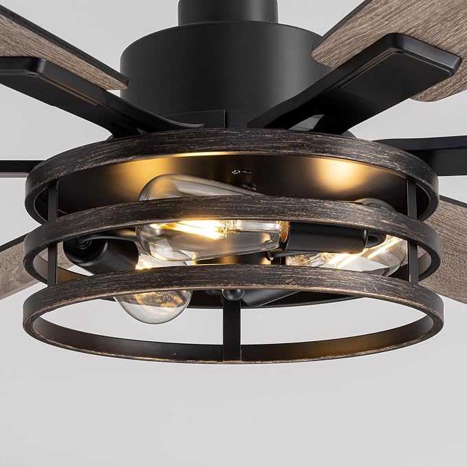 LuminFan 60 Inch Ceiling Fans with Lights and Remote Control, Farmhouse Ceiling Fan for Bedroom Living Room and Patio, Retro Black Caged Ceiling Fan for Indoor and Outdoor