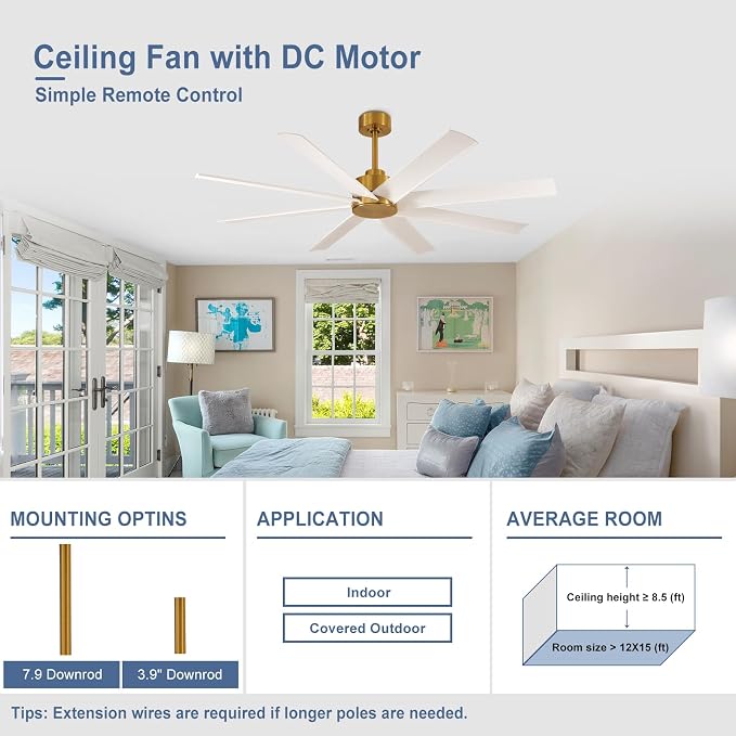 Farmhouse Ceiling Fan with Remote: 60" White and Gold 8-Blade 5-Speed Reversible DC Motor - Large Indoor/Outdoor Fan