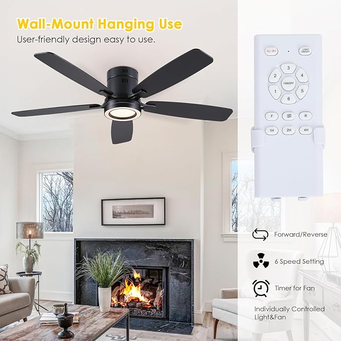 52 Inch Modern Ceiling Fans with Lights Flush Mount Indoor, Black | Low Profile, Dimmable LED, Reversible, Quiet DC Motor, Wooden Blades, for Modern Apartment Bedroom Home Office Living Room