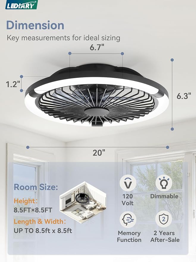 LEDIARY 20" Bladeless Ceiling Fan with Light,Low Profile LED Ceiling Fans with Remote & Smart APP Control, Modern Enclosed Flush Mount Fandelier, 3000-6000K,Bedroom,Kids Room-Black RGB