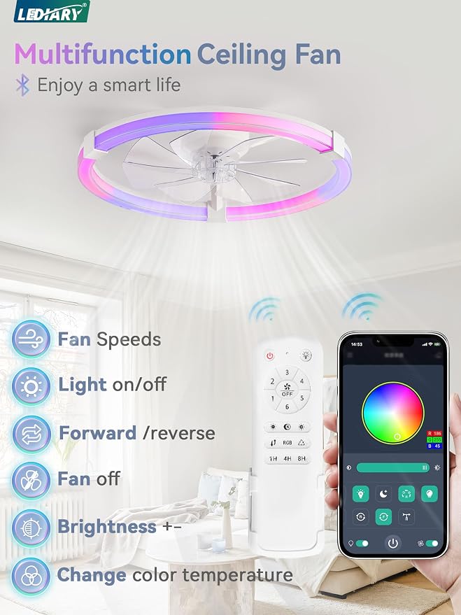 LEDIARY Ceiling Fan with Light,23inch Low Profile Fandelier with Remote RGB | RGB,6 Speeds, Reversible DC Motor, Dimmable Flush Mount Fan Light, Modern fans for Bedroom