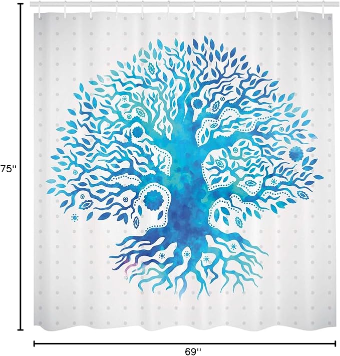 Ambesonne Tree Shower Curtain, Ethnic Watercolor Effect Tree of Life Figure on Polka Dot Pattern Ancient Art Image, Cloth Fabric Bathroom Decor Set with Hooks, 69" W x 75" L, White Sky