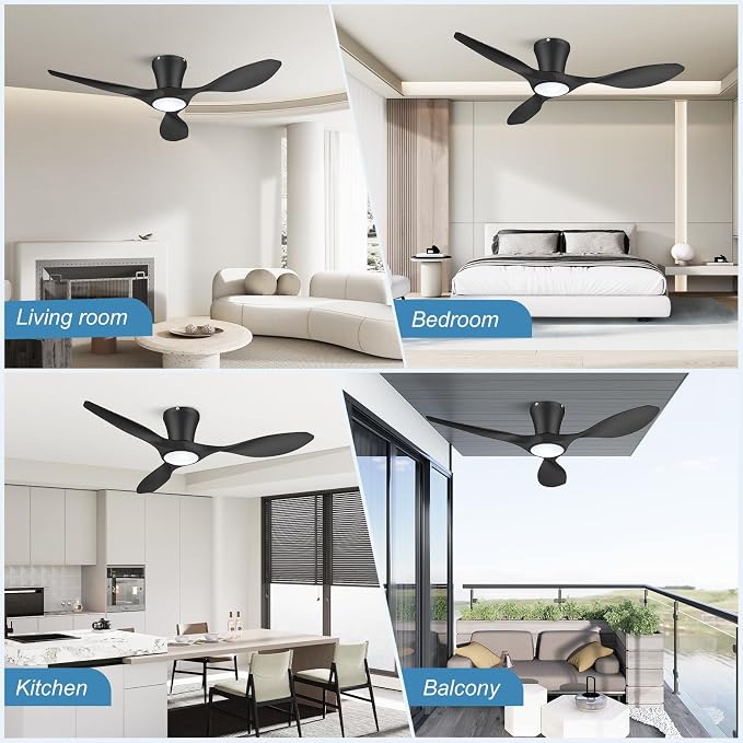 ocioc 42 inch Ceiling Fans with Lights and Remote, Dimmable Ceiling Fans with Reversible Quiet DC Motor, Flush Mount, 3CCT, Black Ceiling Fan for Bedroom Living Room Indoor/Outdoor