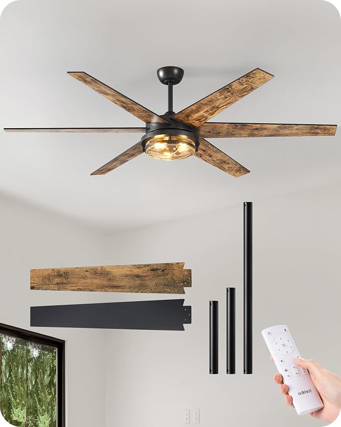 EDISHINE 70" Large Farmhouse Ceiling Fans with Lights and Remote,10%-100% Dimmable, Wood Blades, 8000CFM Indoor Black Ceiling Fan for Living Room Patio Office, 6 Speed Reversible Quiet DC Motor