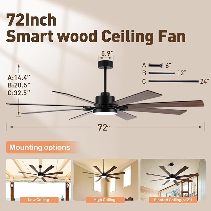 Minislak 72 Large Smart Ceiling Fan with Lights and Remote,Black Indoor & Outdoor Ceiling Fan for Living Room,Patio,6 Speed,Quiet DC Motor,3CCT,8 Wooden Blades