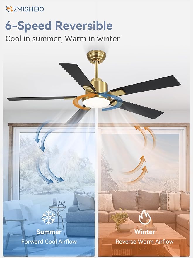 ZMISHIBO 52 inch Black and Gold Ceiling Fans with Lights and Remote, Indoor/Outdoor Modern Ceiling Fan for Bedroom Living Room Patio, 6 Speed Reversible Quiet DC Motor, 3 CCT, Dual Finish Blades