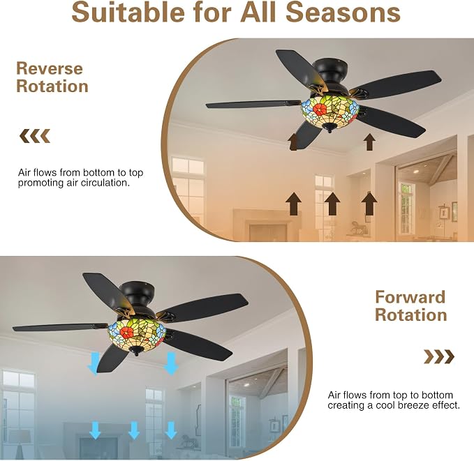 Tiffany Ceiling Fans with Lights - 48" Ceiling Fan Chandelier with 5 Dual-Blades and Glass Shade, 6 Speeds and Reversible, Indoor and Outdoor, Retro Style