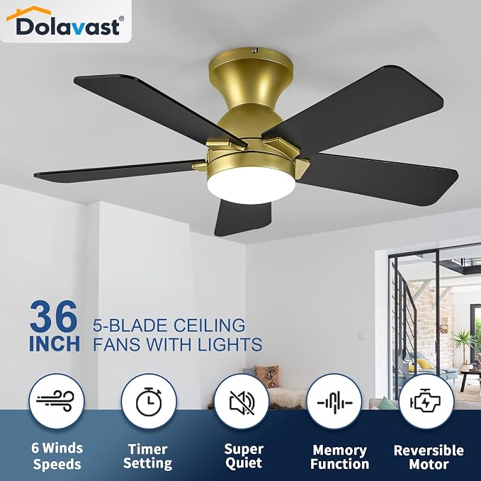 Ceiling Fans with Lights, 36 Inch Low Profile Ceiling Fan with Light and Remote Control, Flush Mount, Reversible, 3CCT, Dimmable LED, Quiet, Gold Ceiling Fan for Bedroom, Kitchen, Office