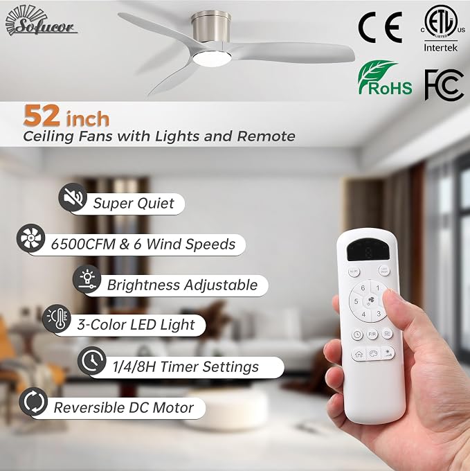 Sofucor 52 Inch Low Profile Ceiling Fans with Lights, Modern Flush Mount Ceiling Fan with 3 Plastic Blades, 6500CFM, Dimmable 6-Speed 3-Timer Reversible DC Motor for Bedroom Living Room, ETL, Gray