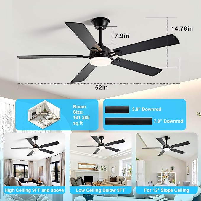 Depuley 52-inch Ceiling Fan with Light: Black Ceiling Fan for Living Room Indoor Outdoor - Modern Ceiling Fan with Remote Control 3CCT Dimmable Noiseless 5 Reversible Walnut Blades 6 Speeds Timer