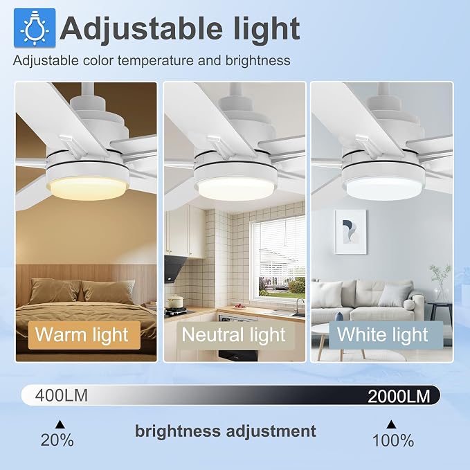 52 Inch White Ceiling Fan with Light and Remote Control,Dimmable 3 Color Temperatures LED Ceiling Fan,6 Speeds Reversible DC Motor,5 Blades Modern Ceiling Fans for Indoor or Covered Outdoor