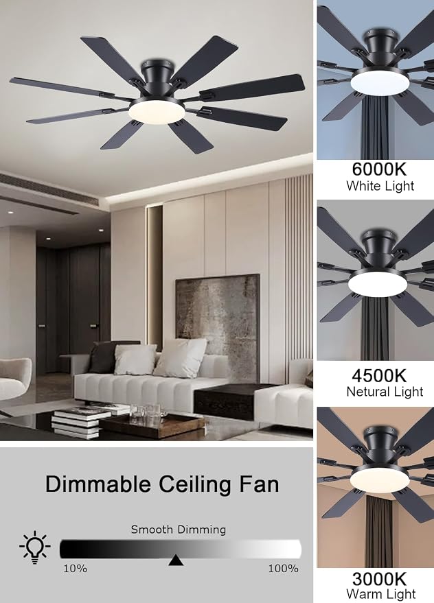 JSAITEE 60Inch Ceiling Fan with Lights, Large Low Profile Flush Mount,Black | Ceiling Fans,DC Reversible Motor Noiseless, 3CCT Dimmable, Dual Finish, 6 Speeds Ceiling Fan for Indoor/Outdoor