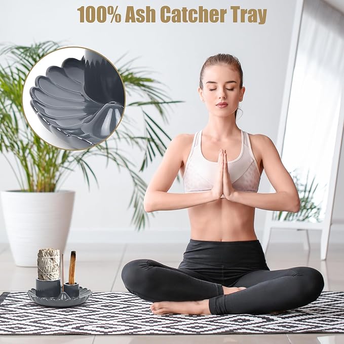 4 in 1 Incense Holder, Incense Burner, Palo Santo Holder, Ceramic Ash Catcher Tray for Meditation Room, Candle Holder for Burning Sage (Gray)