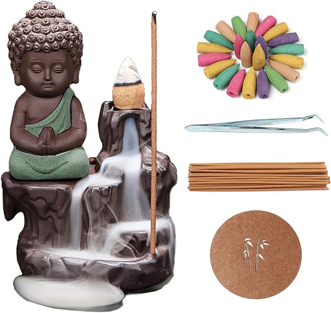 Backflow Incense Burner Holder Handmade Ceramic Waterfall Incense Cone Sticks Holder Buddha Style Home Decor with 10 Free Backflow Incense Cones for Home Tearoom Office (Light Blue)