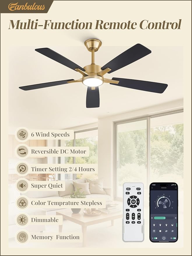 Fanbulous 52 Inch Black and Gold Ceiling Fans with Lights and Remote, Stepless Color Temperature Change & Dimmable 20W LED Ceiling Fan, 6 Speeds Reversible Quiet DC Motor for Bedroom, Living Room