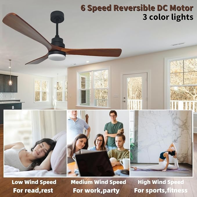 52-inch Ceiling Fan with Light, Remote Control, DC Silent Motor, 3 Solid Wood Blades, LED dimmable and Color-Adjustable, Suitable for Living Rooms, Dining Rooms and bedrooms.(Dark Walnut, 52 inch)