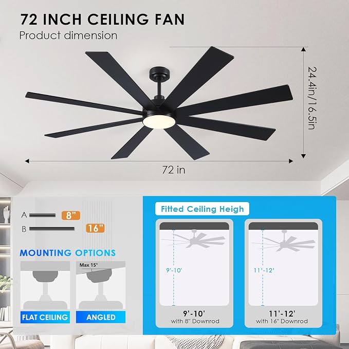 BayDay Farmhouse Rustic Ceiling Fans with Lights and Remote, Bedroom Living Room Kitchen Fans Ceiling with Light Chandier (Black, 72 inch)
