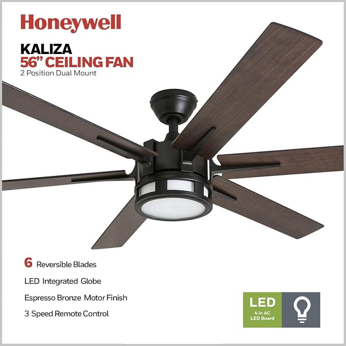 Honeywell Ceiling Fans Kaliza Modern 56 Inch Ceiling Fan with Light, Remote Control Fan, LED Indoor Fan with 6 Blades, Gray Oak and Light Oak Blade Finish Options, Bronze (51036-01)