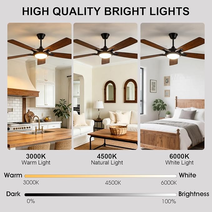 Kviflon 52 Inch Ceiling Fans with Lights and Remote, Modern Indoor Outdoor Ceiling Fan for Bedroom Living Room Patio Porch, 6 Speeds, Reversible Quiet Motor, Dual Finish Wooden Blades, Brown
