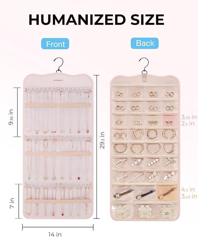 BAGSMART Hanging Jewelry Organizer Storage with Hanger Metal Hooks Double-Sided Jewelry Holder for Earrings, Necklaces, Rings on Closet, Wall, Door, 1 piece Large Pink