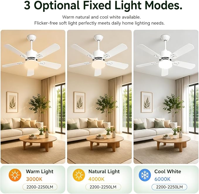 Ceiling Fans with Lights, 42 Inch Low Profile Ceiling Fan and Remote Control, Dual-Sided Blades, 6 Speed Fan, Dimmable Light Flush Mount Ceiling Fan for Bedroom Living Room, White