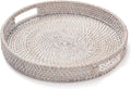 11.8 inch Round Rattan Tray, Decorative Coffee Table Trays, Ottoman Tray, Woven Serving Tray with Handles, Wicker Serving Basket, Whitewash