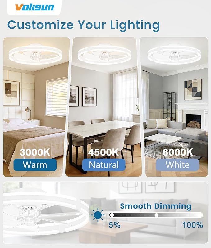 VOLISUN Ceiling Fans with Lights and Remote, 23.6in Low Profile Ceiling Fans with Light, 3000K-6500K Dimmable Fandelier Ceiling Fan, White Flush Mount Ceiling Fan for Bedroom