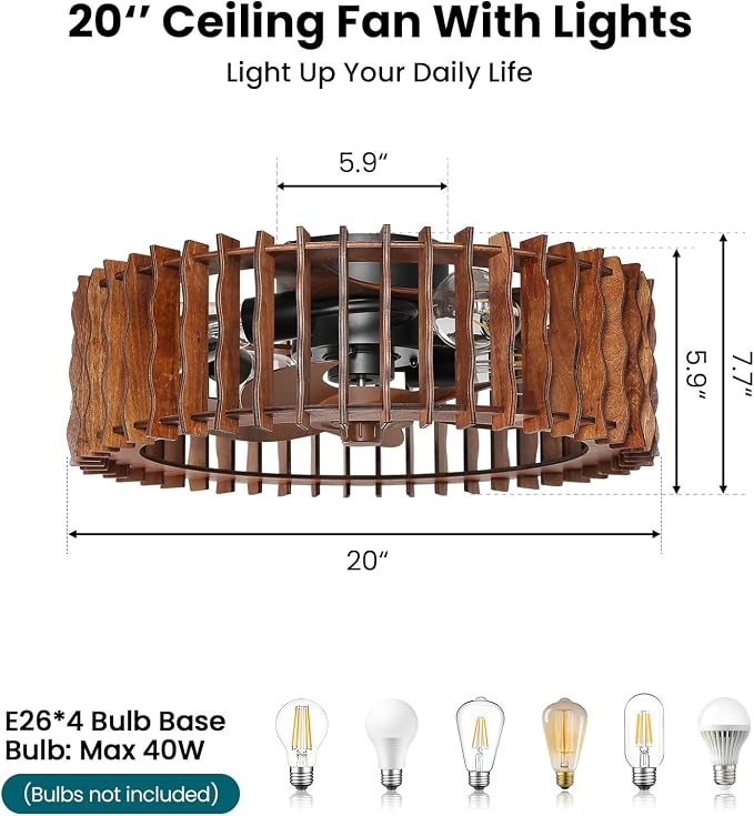20" Flush Mount Ceiling Fan with Light, Wooden Caged Low Profile Fandelier with Remote, 6-Speed Reversible Bladeless Fan, Farmhouse Ceiling Fan for Bedroom, Kitchen, Living Room